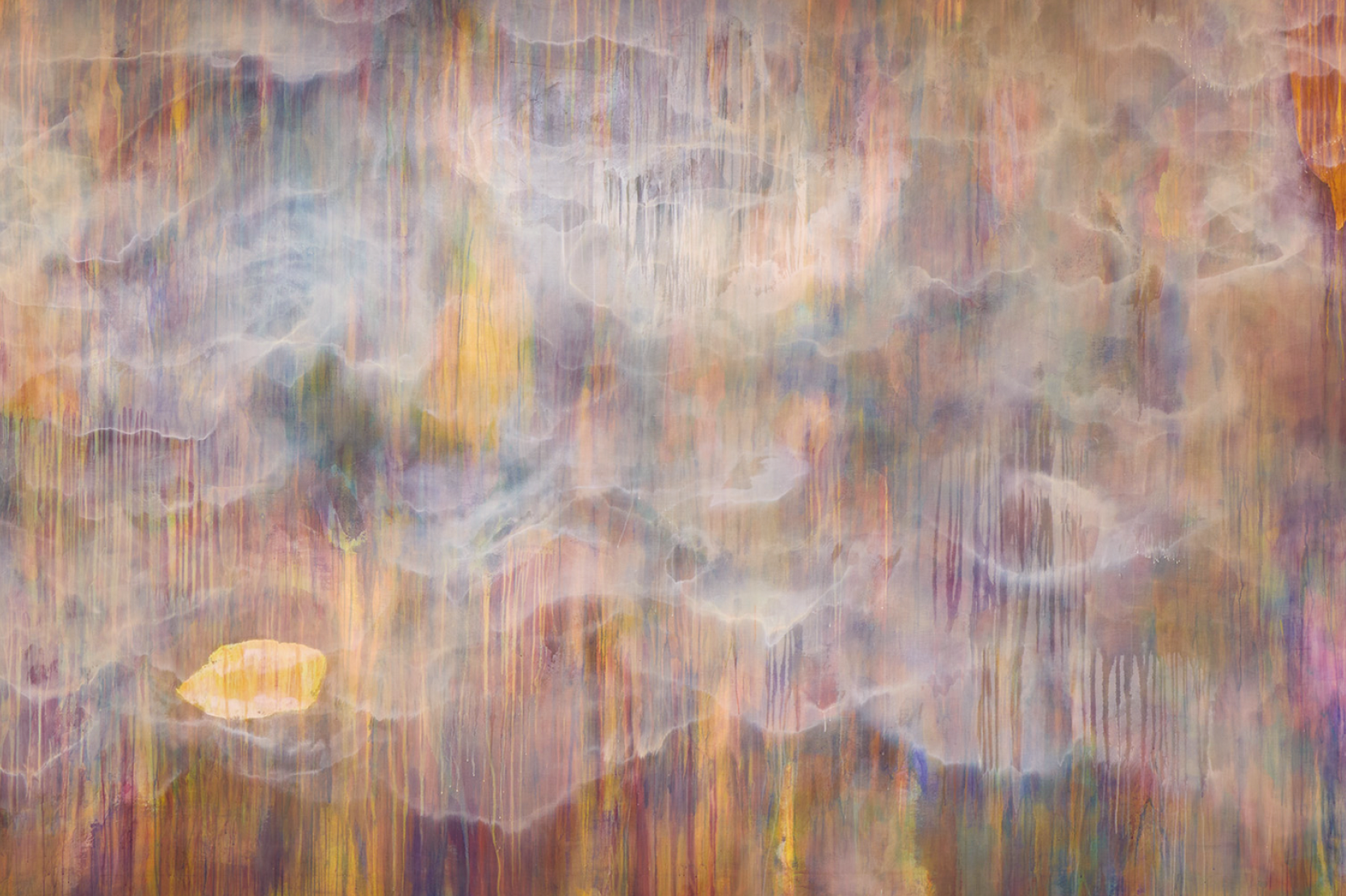 Thu-Van Tran, I colori del grigio, 2023. Tela di lino, gesso e calce; pigmenti arancio cadmio chiaro, magenta scuro, viola marino, verde ftalo, blu oltremare, bianco titanio. 320 × 750 cm.  